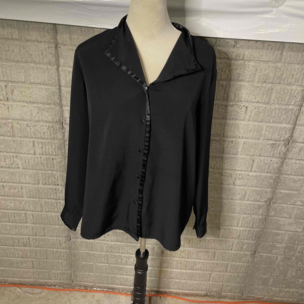 Apparenza Womens Black‎ Button Satin Trim Large Blouse